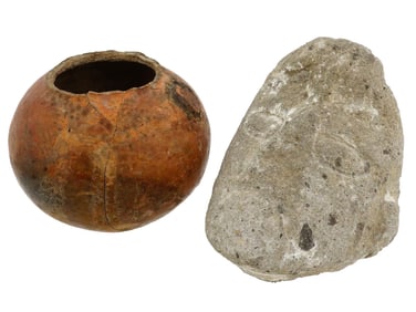 ANCIENT PRE COLUMBIAN STONE MASK AND A CLAY POT