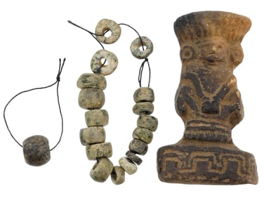 ANCIENT PRE COLUMBIAN STONE BEADS AND IDOL FIGURINE