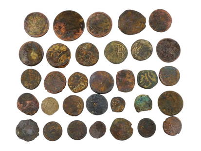 COLLECTION OF ANCIENT ROMAN BRONZE COINS: A collection of ancient Roman bronze coins featuring a diverse array of designs. A total of 32 pieces. This remarkable assortment showcases the rich numismatic heritage and intricate artistry of this
