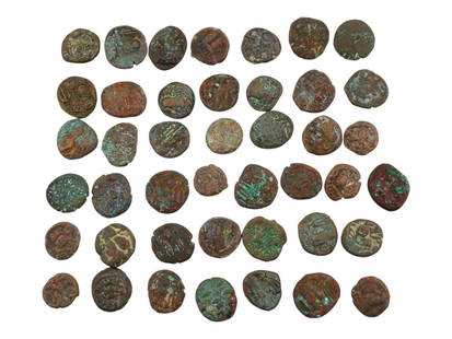 COLLECTION OF ANCIENT ROMAN BRONZE COINS: A collection of ancient Roman bronze coins featuring a diverse array of designs. A total of 43 items. This remarkable assortment showcases the rich numismatic heritage and intricate artistry of this h