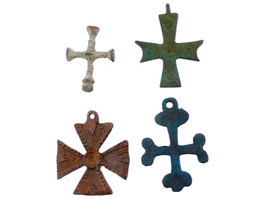 FOUR ANCIENT BYZANTINE BRONZE CROSS PENDANTS