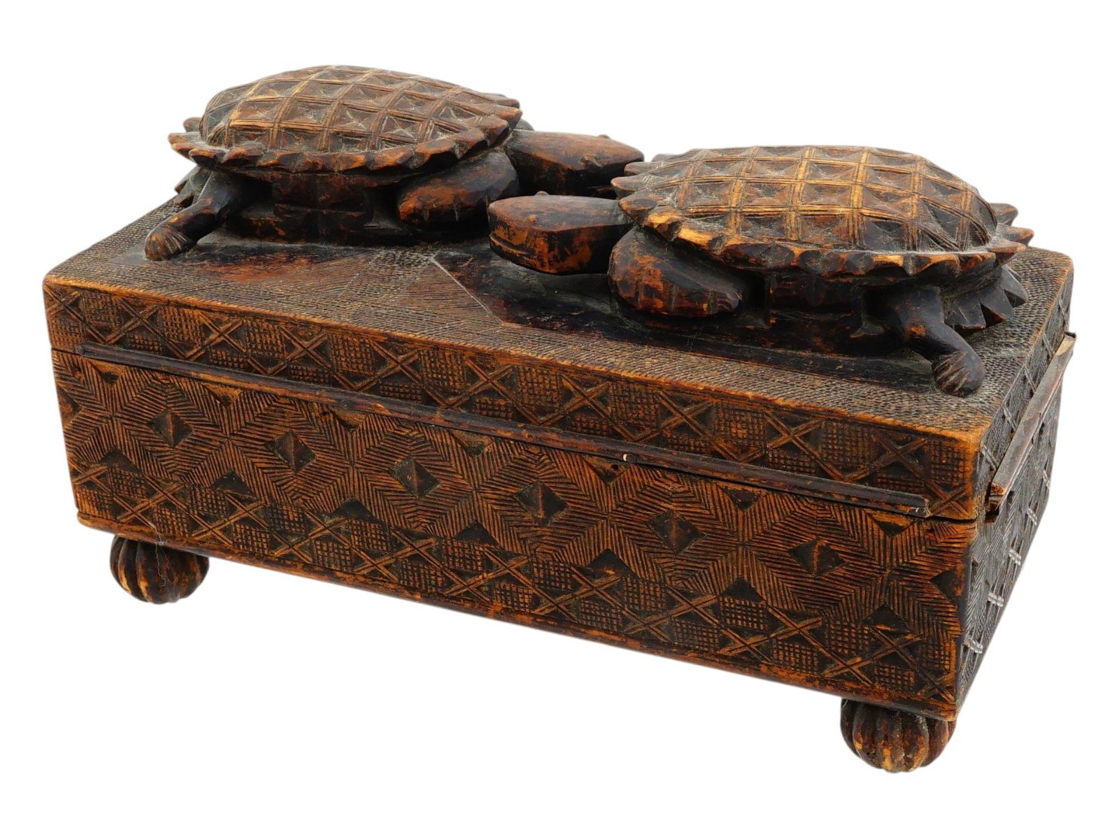 ANTIQUE AFRICAN HAND CARVED WOODEN BOX W TURTLES (1 of 7)
