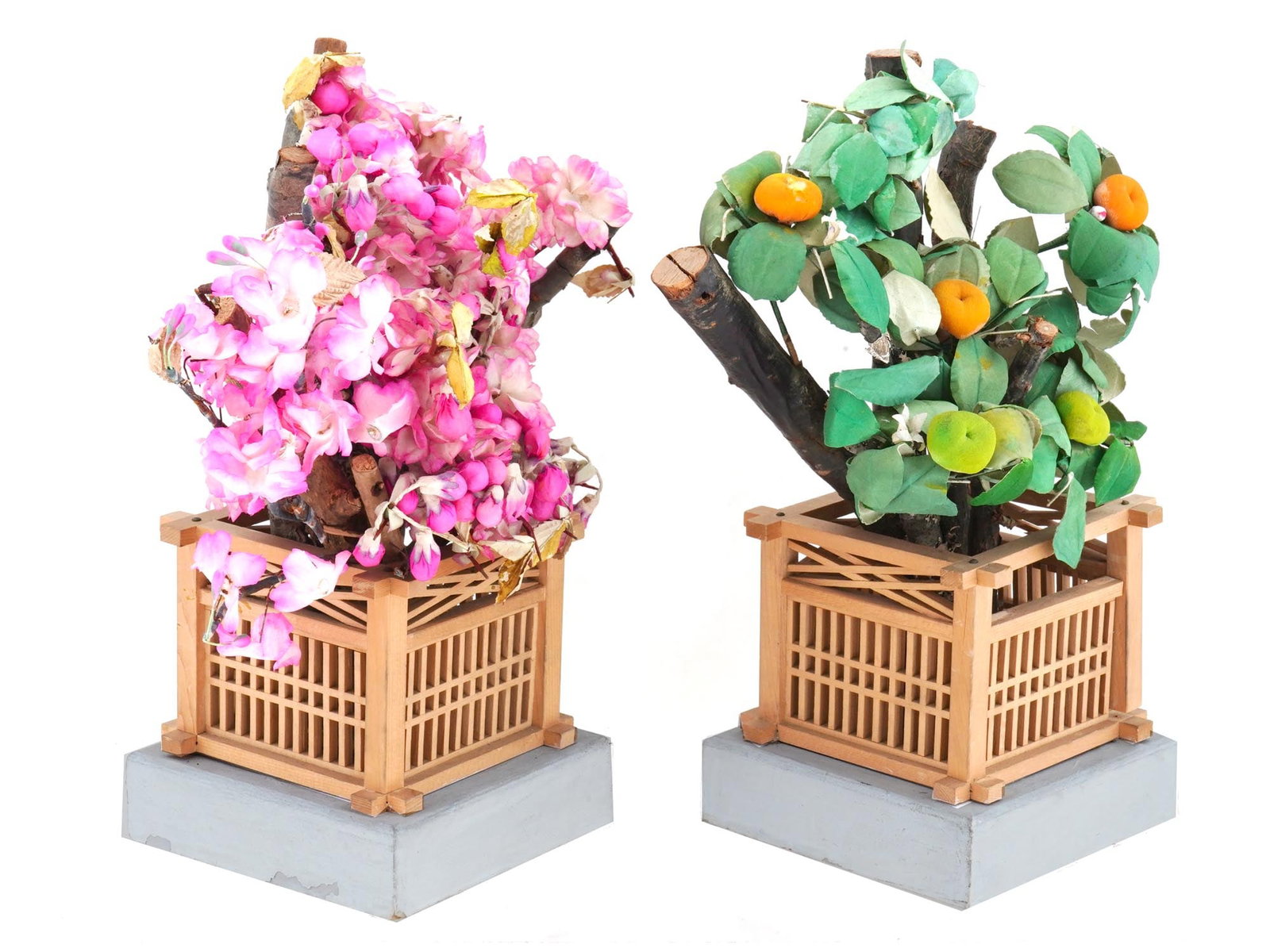VINTAGE JAPANESE HINAMATSURI HINA DOLL DECOR TREES: A pair of vintage Japanese Hinamatsuri Hina doll decorations including traditional representations of the Tachibana orange tree and Sakura cherry blossom tree, elements symbolic to the Girls Day Festi