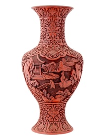 ANTIQUE CHINESE RED LACQUER VASE WITH FIGURAL SCENES