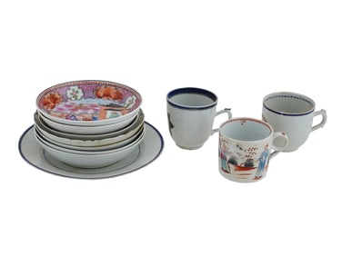 CHINESE EXPORT CANTON PORCELAIN PLATES AND CUPS