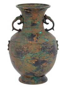 ANTIQUE CHINESE BRONZE VASE W ELEPHANT HEAD HANDLES