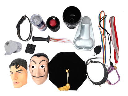 COLLECTION OF VINTAGE ASSORTED PARTY TIME ITEMS: A collection of vintage assorted party time items. The lot includes three silicone face masks, including a Salvador Dali mask, a baking mold, leather belts with metal studs, a cup, a drink holder, a s