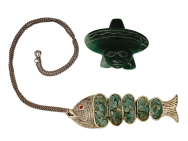 METAL AND GREEN JADE PENDANT NECKLACE AND FIGURINE