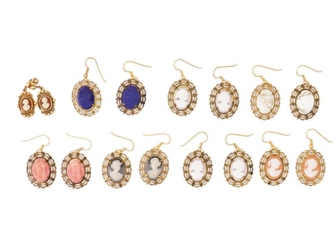 GROUP OF VINTAGE COSTUME JEWELRY CAMEO DROP EARRINGS