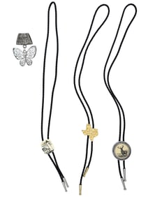 THREE AMERICAN BOLO TIES AND BUTTERFLY PENDANT