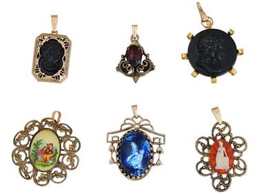 COLLECTION OF SIX DECORATIVE JEWELRY PENDANTS