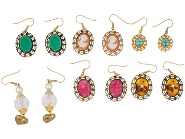 SIX PAIRS OF DANGLING STONE AND CAMEO EARRINGS