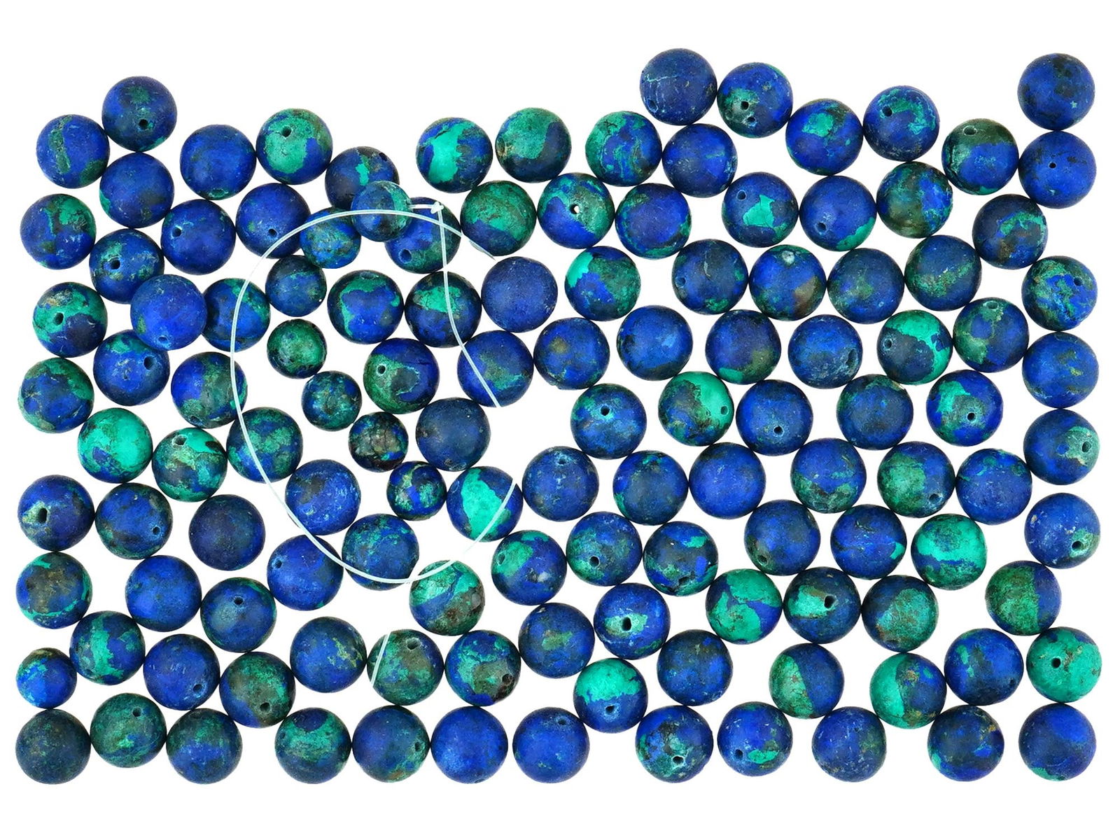 COLLECTION OF AZURITE GEMSTONE BEADS FOR JEWELRY: A collection of rounded azurite gemstone beads. The beads are predominantly blue with green inclusions and veins running through them. Vintage and Modern Natural Stones, Necklaces, Jewelry, Gifts And
