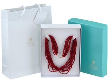 PERNA ITALY 18K YELLOW GOLD RED CORAL NECKLACE