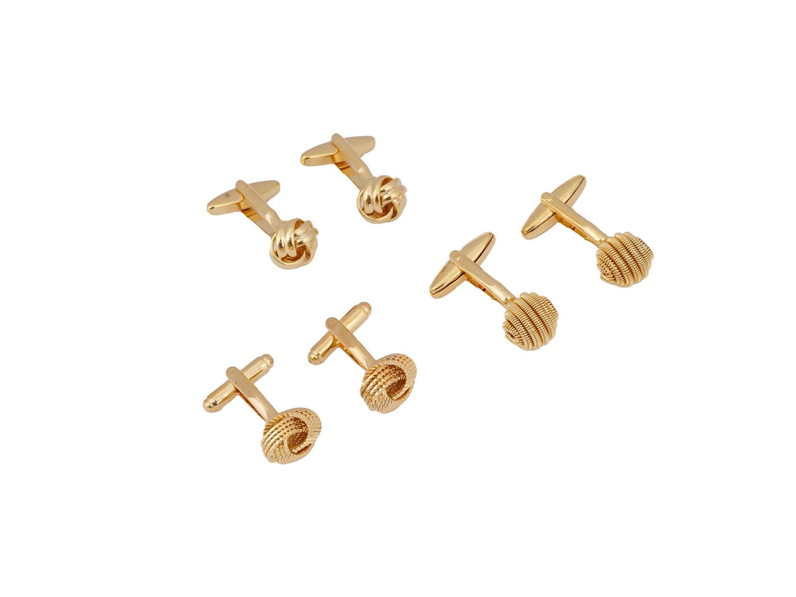 LOT OF NAUTICAL DESIGN GOLD TONE FIGURAL CUFF LINKS: A collection of three pairs of cuff links made in a Marine figural design. The gold tone wares is made in various sailor knots designs. Unmarked. Vintage Ladies Costume Jewelry Wares and Accessories F