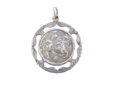 SILVER SAGITTARIUS ZODIAC W OPEN WORK BORDER PENDANT