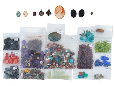 COLLECTION OF SEMI PRECIOUS STONE BEADS AND CAMEOS
