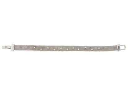 VINTAGE GIVENCHY SILVER TONE BRACELET W RHINESTONES: A vintage Givenchy silver tone mesh bracelet. Circa the late 20th century. The bracelet is modeled in the form of a wide strap, inlaid with white rhinestones on the surface. Marked with the Givenchy l
