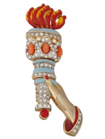 VTG AMERICAN GOLD TONE ENAMEL BROOCH W RHINESTONES