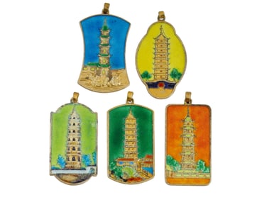 5 VINTAGE CHINESE BRASS ENAMEL PAGODA PENDANTS