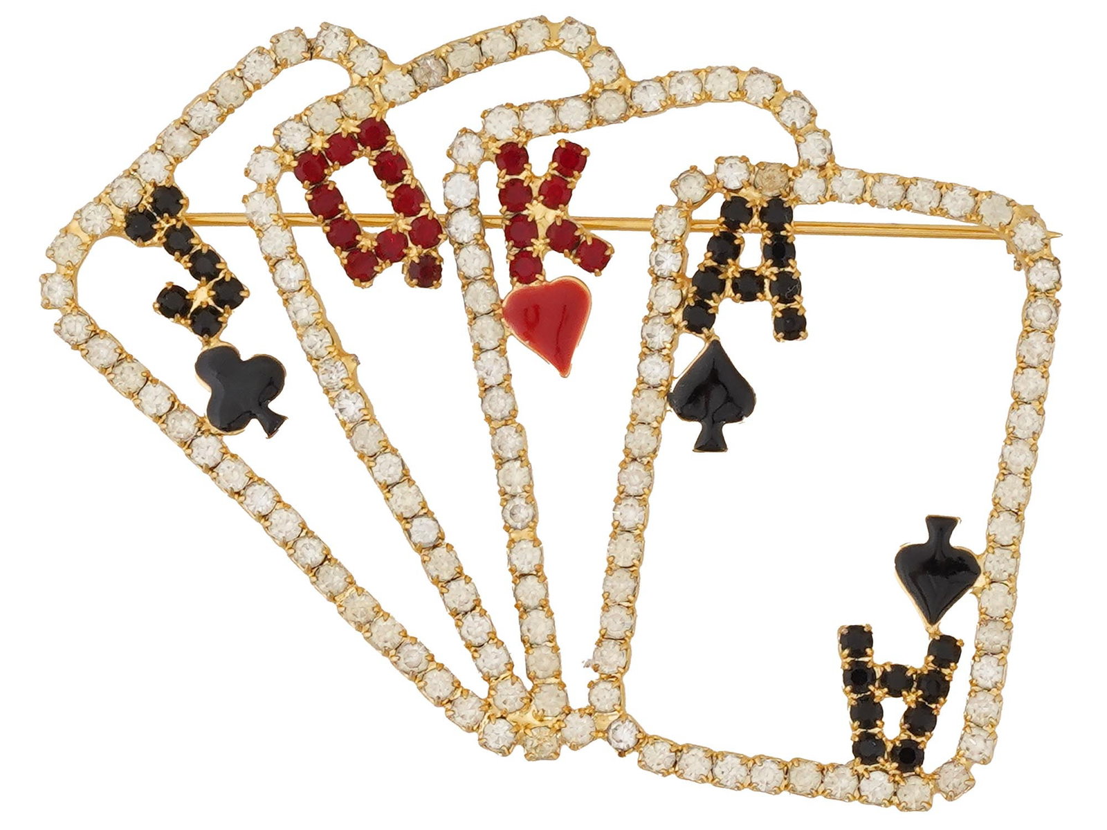VINTAGE POKER CARDS DESIGN GOLD TONE FIGURAL BROOCH: A vintage costume jewelry figural brooch. The brooch is made in a poker cards design encrusted with black and red rhinestone, and including Jack, Queen, King and Ace. Framed with clear rhinestones and