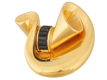 GIVENCHY NEW YORK ART DECO COSTUME JEWELRY BROOCH: A Givency New York gold tone costume jewelry brooch. The brooch is made in the Art Deco manner and adorned with black stones. Marked with an impress brand logo mark, on the backside. Vintage Ladies Fa