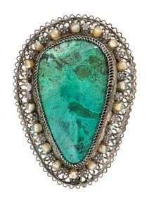 ISRAELI ELIAT STONE PEARLS STERLING SILVER BROOCH