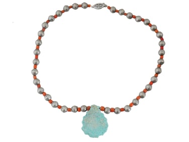 ETHNIC MANNER CARVED STONE SILVER BEADED NECKLACE