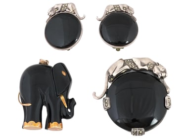 ART DECO BLACK ONYX SILVER SET ELEPHANT PENDANT