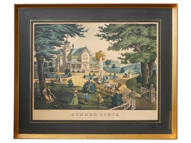 LARGE CHARLES BROTHERS FRAMED LITHOGRAPH SUMMER SCENE
