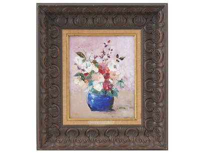 VINTAGE FLORAL STILL LIFE OIL PAINTING SIGNED: Oil on panel painting. American, mid to late 20th century. The artwork depicts a bouquet of flowers in a vase. Illegibly signed by the artist in the lower right. Framed. Collectible Fine Art And Wall