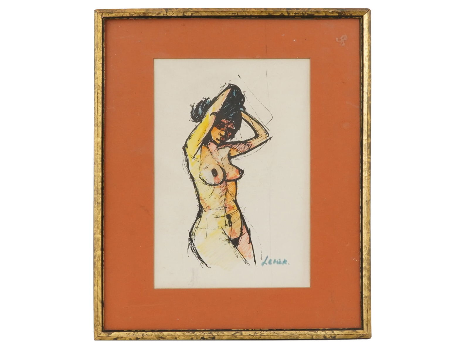 FRENCH MIXED MEDIA PAINTING SIGNED CHARLES LEVIER: A mixed media painting on paper depicting a portrait of a nude woman. Circa: 1960s. Signed, Levier, lower right. Framed. Charles Levier, French, American, British, 1920 to 2003 was born to a French fa