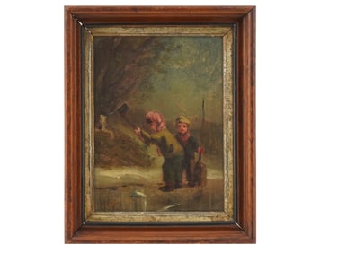 ANTIQUE GERMAN SCHOOL CHILDREN SCENE OIL PAINTING