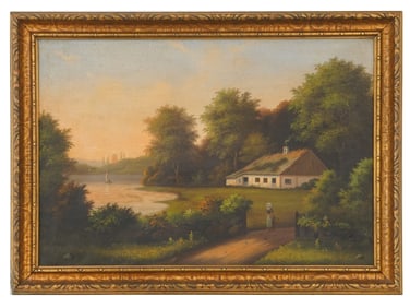 ANTIQUE AMERICAN OIL LANDSCAPE PAINTING BY N CARWETT