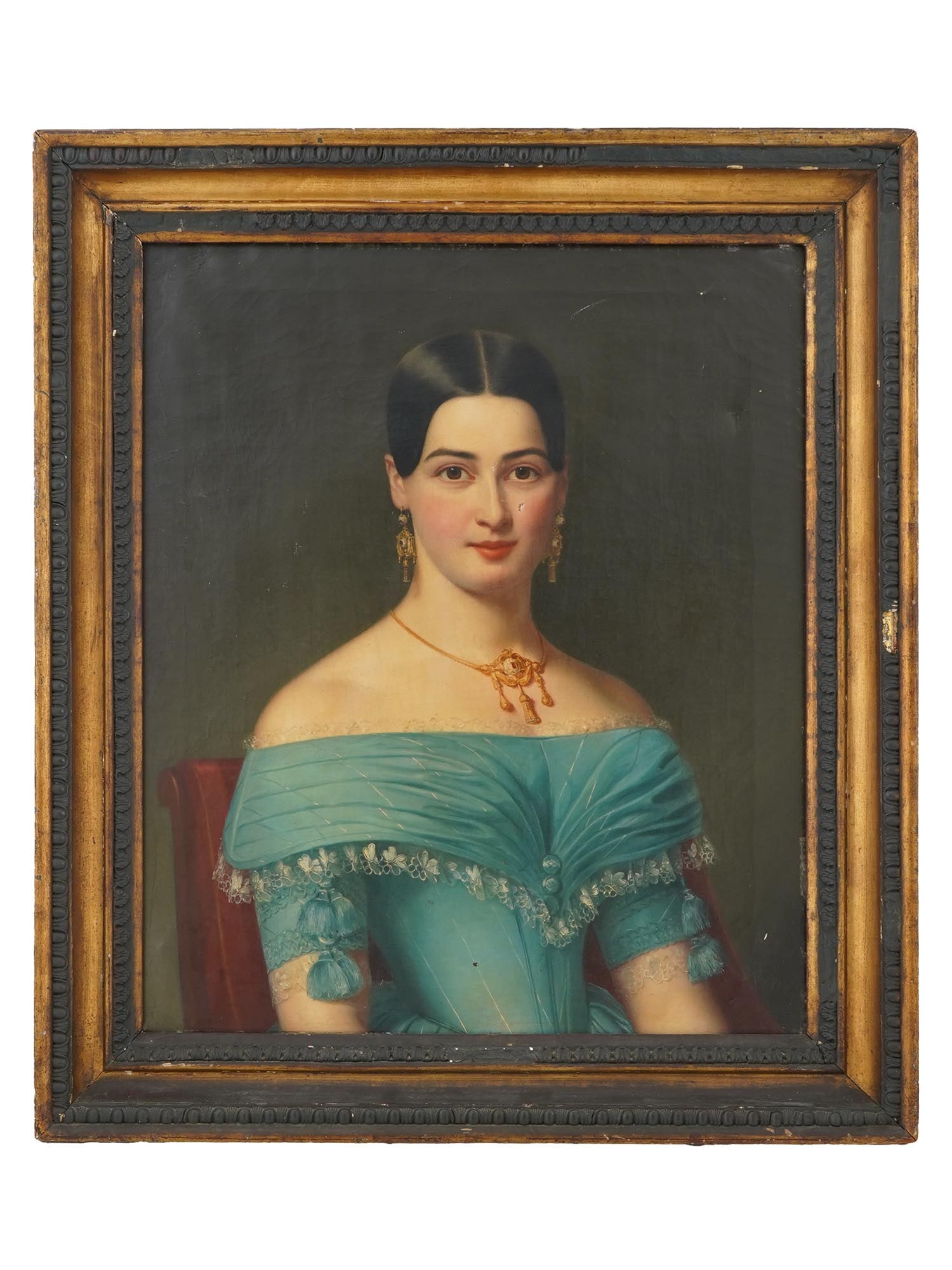 ANTIQUE AUSTRIAN OIL PORTRAIT PAINTING ATTR FRANZ EYBL: An antique oil on canvas portrait painting attributed to Austrian artist Franz Eybl, 1806 to 1880. The painting depicts a portrait of a seated young girl of noble birth in a blue dress and gold jewelr