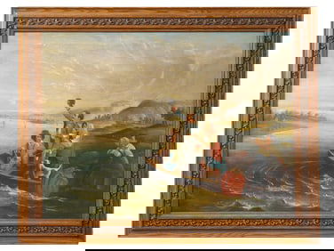 VINTAGE AMERICAN OIL PAINTING FAMILY CROSSING A RIVER