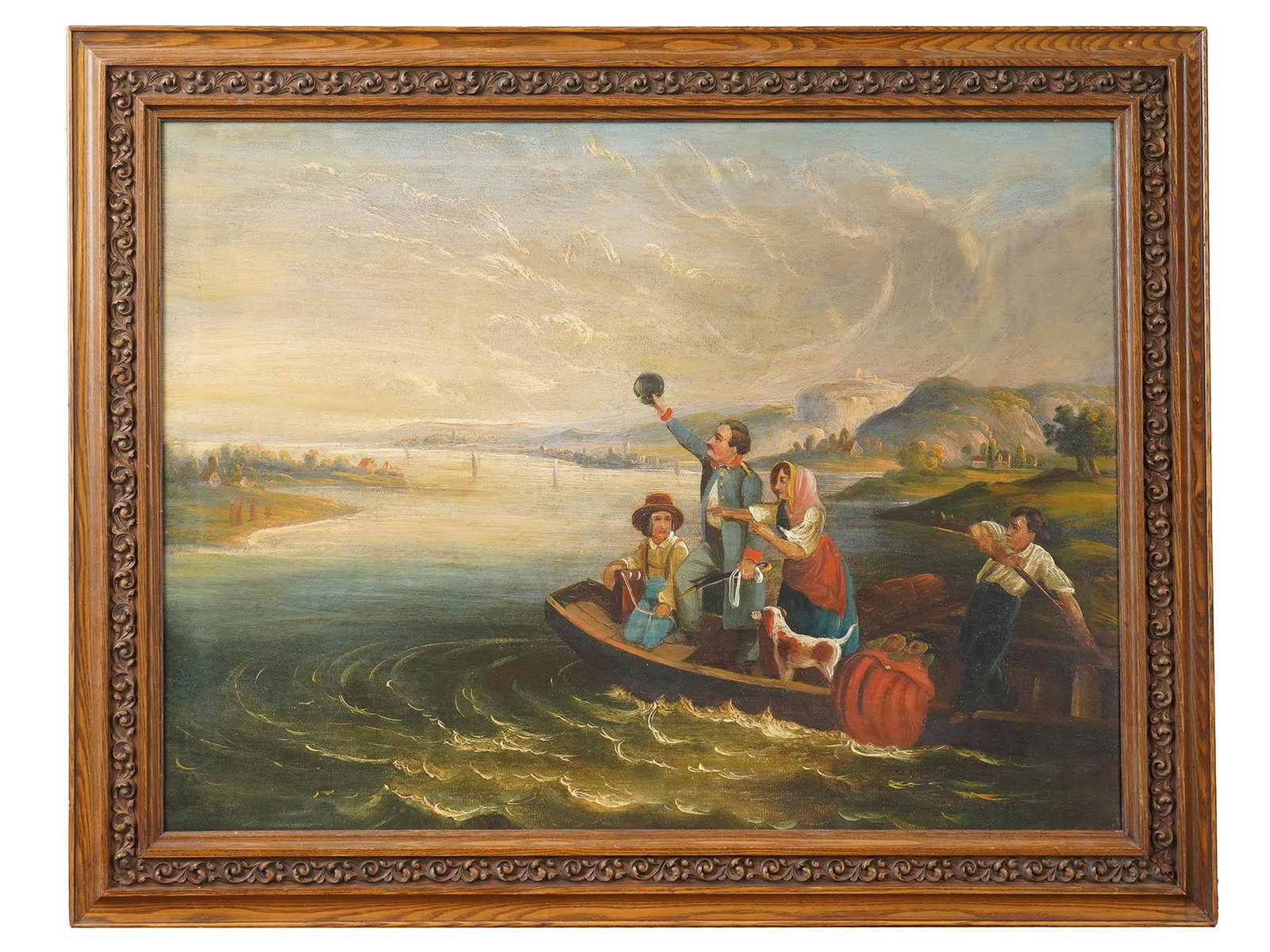 VINTAGE AMERICAN OIL PAINTING FAMILY CROSSING A RIVER: A vintage American oil painting on canvas depicting a family crossing a river. The scene captures a moment of movement as the figures navigate the water, surrounded by natural landscape details. Frame