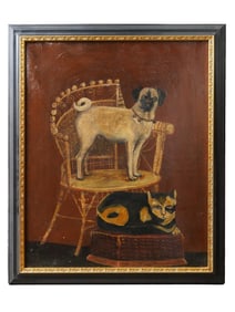 ANTIQUE AMERICAN SCHOOL PAINTING FOLK ART CAT AND DOG