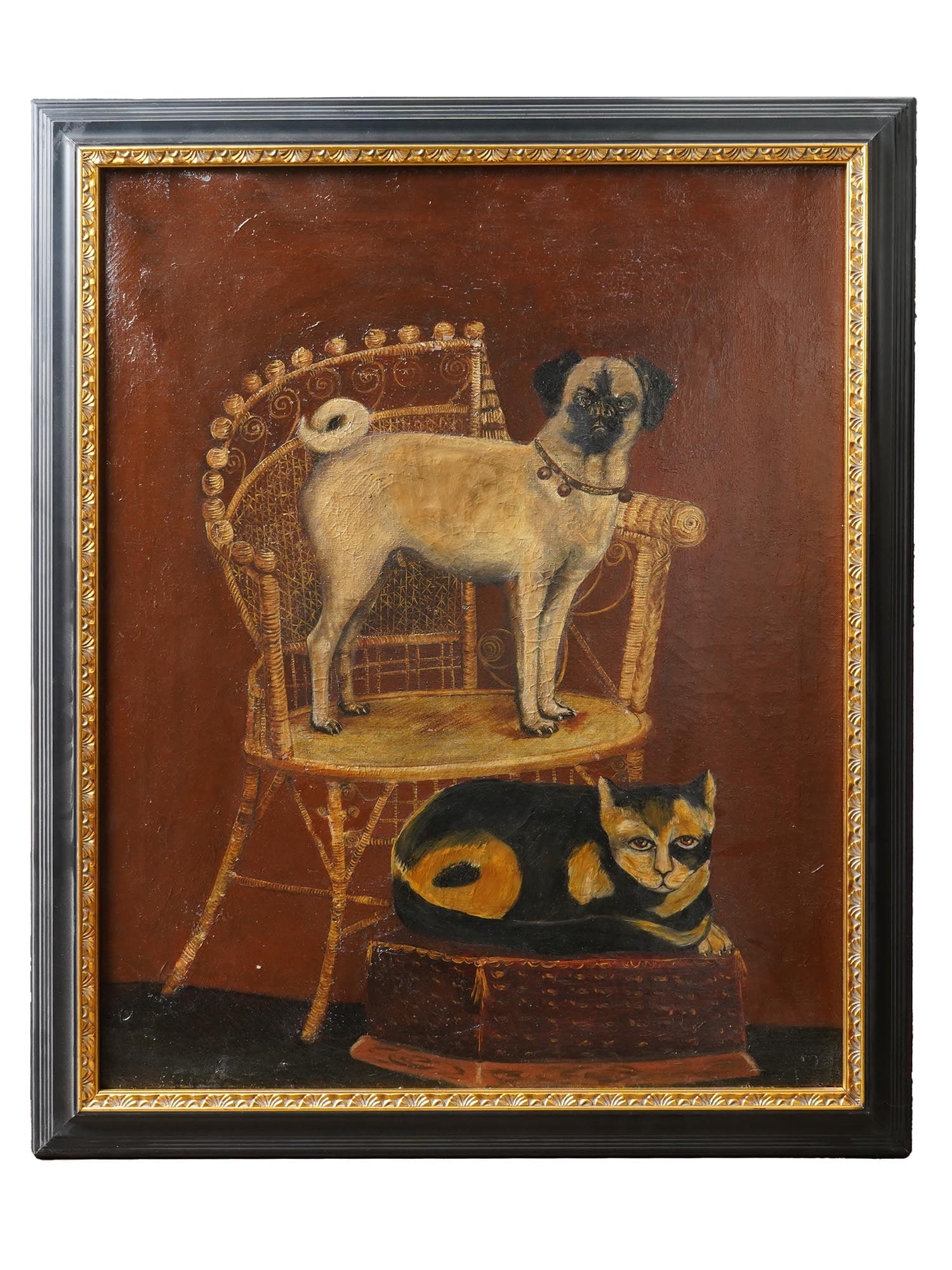 ANTIQUE AMERICAN SCHOOL PAINTING FOLK ART CAT AND DOG (1 of 3)