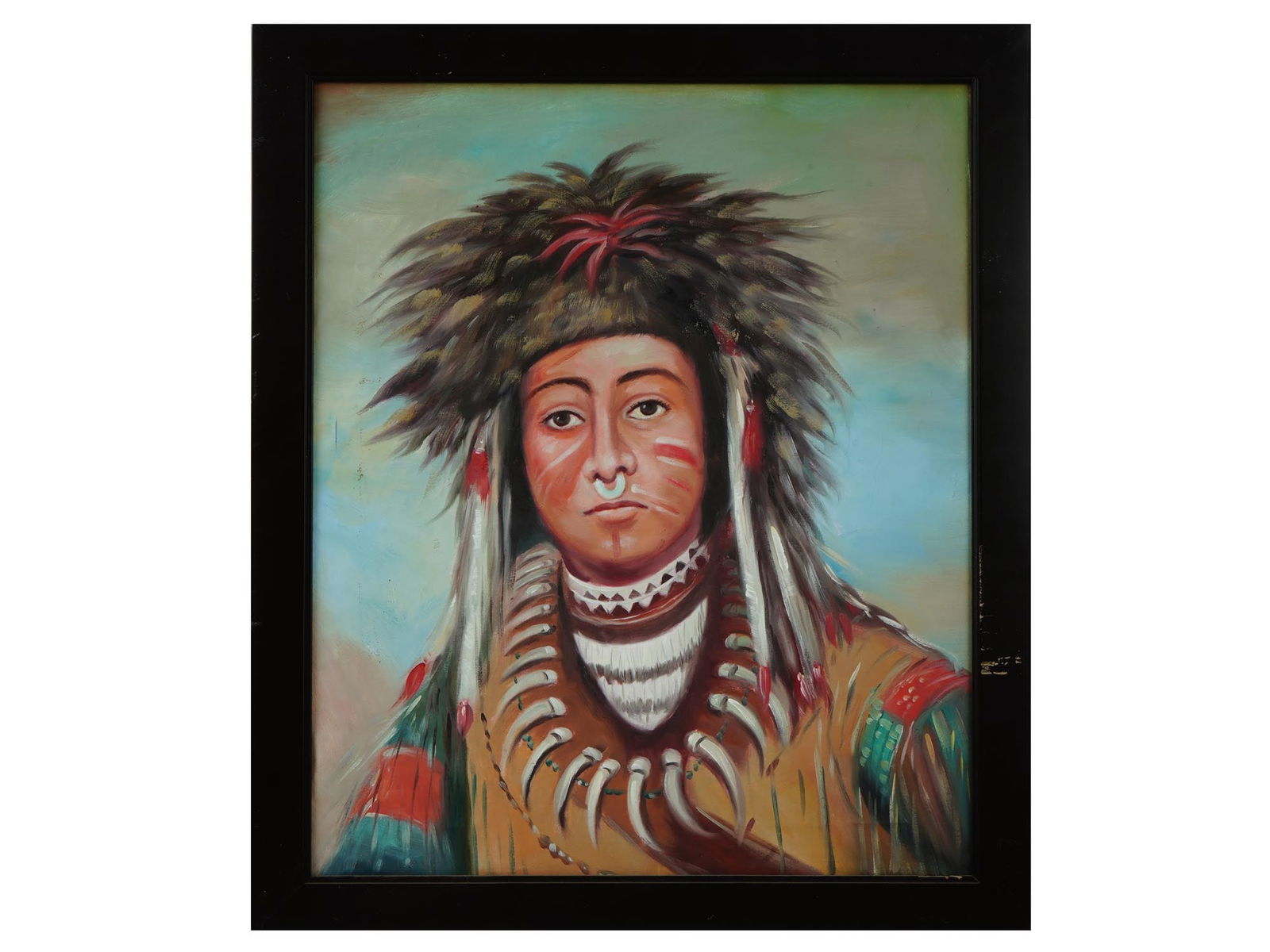 AMERICAN SCHOOL OIL PAINTING AFTER GEORGE CATLIN: An American School oil painting on canvas depicting a portrait of a Native American man after the original oil painting on canvas, Boy Chief Ojibbeway, 1843 by George Catlin, American, 1796 to 1872. U
