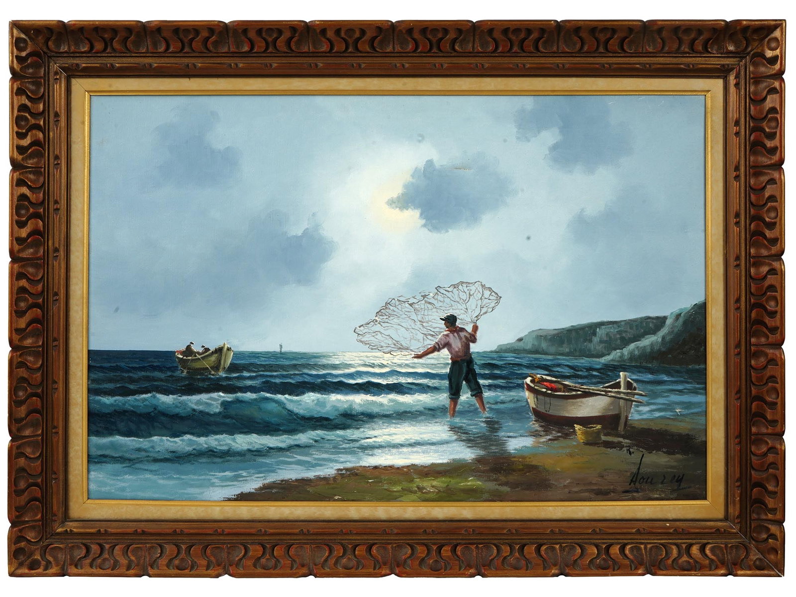 MID CENT AMERICAN SEASCAPE OIL PAINTING SIGNED: Oil on canvas painting. North American or Canadian, mid-20th century. The artwork depicts a seascape with fishermen. Signed by the artist in the lower right, K. Lourey. Provenance: Antique Store, Mont