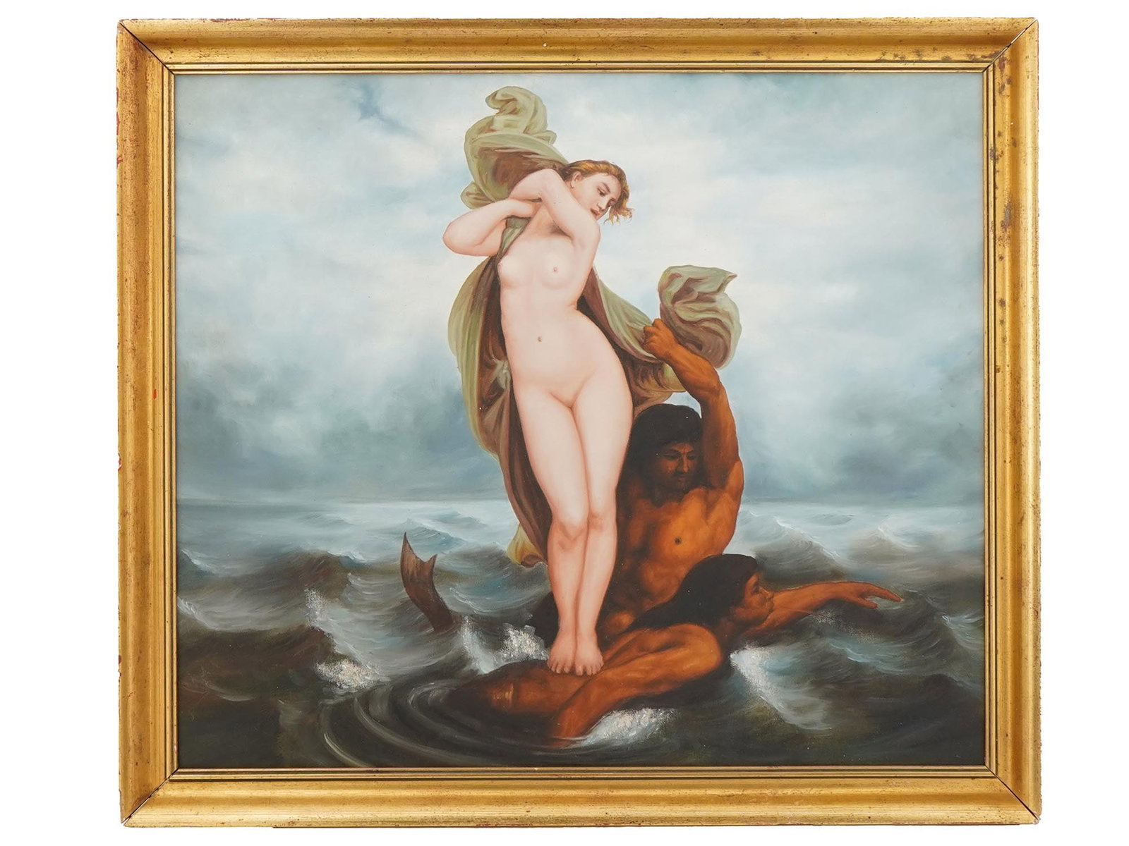 AFTER FELIX-HENRI GIACOMETTI FRENCH OIL PAINTING: Oil on canvas painting mounted on board. After the ca. 1865 artwork titled Abduction of Amymone by Felix-Henri Giacometti, 1828 to 1909, a French artist who specialized in historical and religious wor