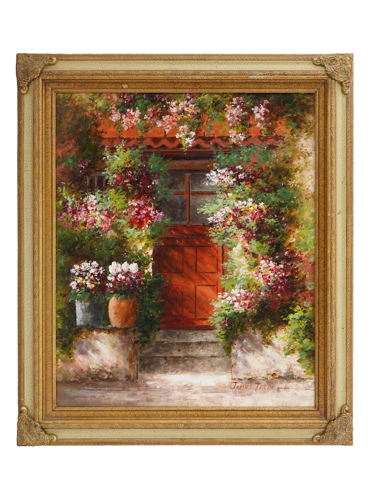 VINTAGE AMERICAN OIL PAINTING BY JAMES TARBELL: Oil on canvas painting. American, late 20th century. The artwork depicts a cottage doorway with flowers. Signed by the artist in the lower right, James Tarbell. Golden frame. Collectible Fine Art And 