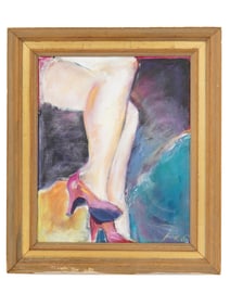 MID CENTURY OIL PAINTING POINT OF VIEW WOMANS LEGS