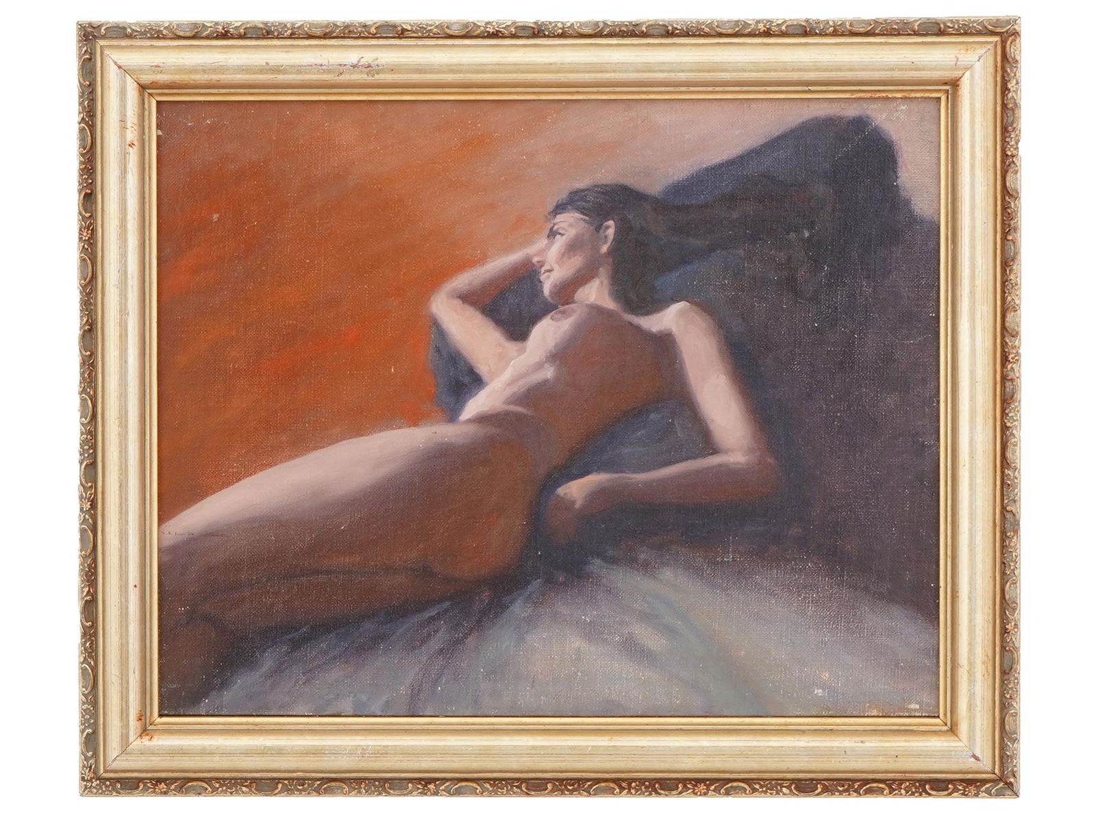 MID CENT AMERICAN FEMALE NUDE OIL PAINTING: Oil on canvas board painting. American, mid to late 20th century. The artwork depicts a reclining nude woman. Unsigned. Framed. Collectible Fine Art, Erotica. THIS LOT QUALIFIES FOR A 30-DAY UN