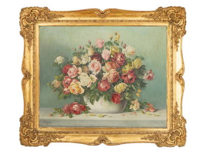ANTIQUE 19 C FLORAL STILL LIFE OIL PAINTING SIGNED: Oil on board painting. Polish, 19th century. The artwork depicts a vase of rose flowers. Signed by the artist in the lower right, W. Lasnicka, Anzbach. Framed. Collectible Fine Art And Wall Decor, Gen
