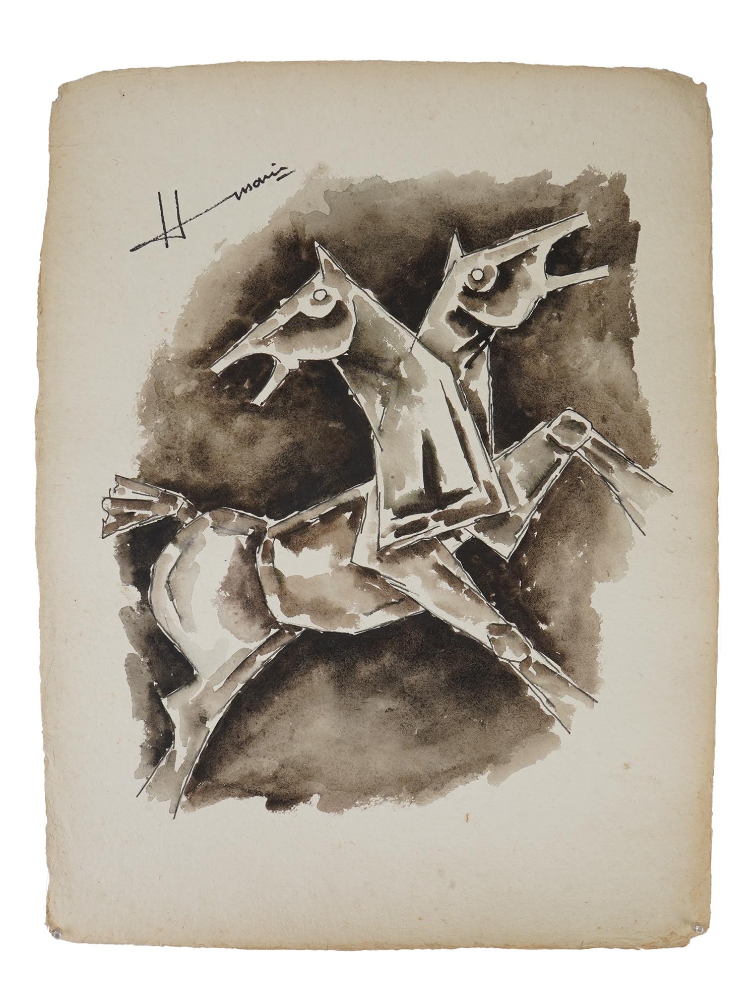 MID CENTURY INDIAN SCHOOL MAQBOOL HUSAIN PAINTING (1 of 5)