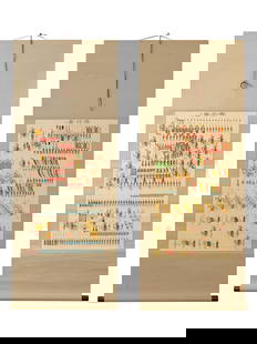 KOREAN INK AND COLOR PAINTINGS ON SILK SCROLLS: A pair of Korean ink and color paintings on paper scroll representing a Royal Procession to the City of Hwaseong. The artworks depict the 1795 ceremonial journey of the Korean King Jeongjo to his fath