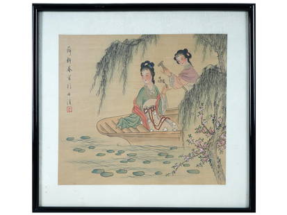 CHINESE SCENE MIXED MEDIA PAINTING ON SILK SIGNED: A Chinese mixed media, watercolor and ink, painting on silk depicting a river scene Changshan ladies in a boat. Signed and inscribed with Calligraphy, and a red seal, upper left. Circa: the first half
