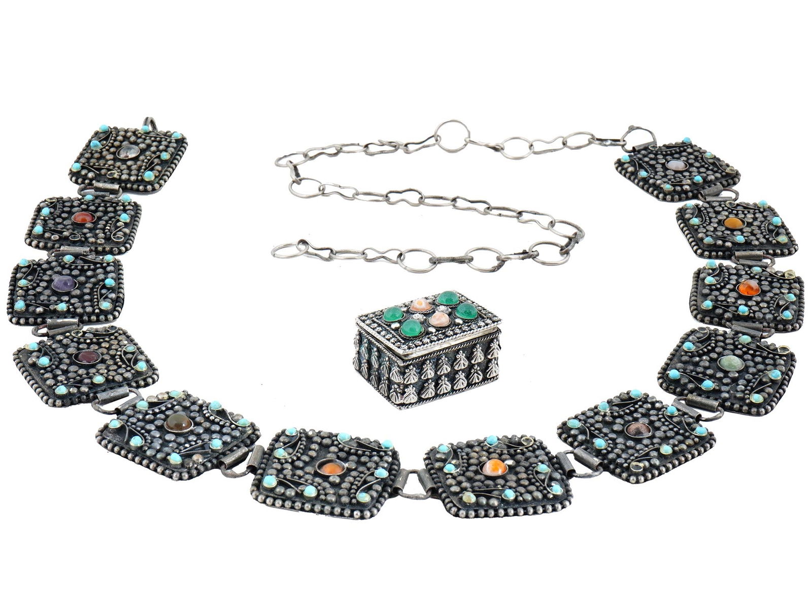 19TH C ANTIQUE BELT AND JEWELRY BOX W GEMSTONES (1 of 4)